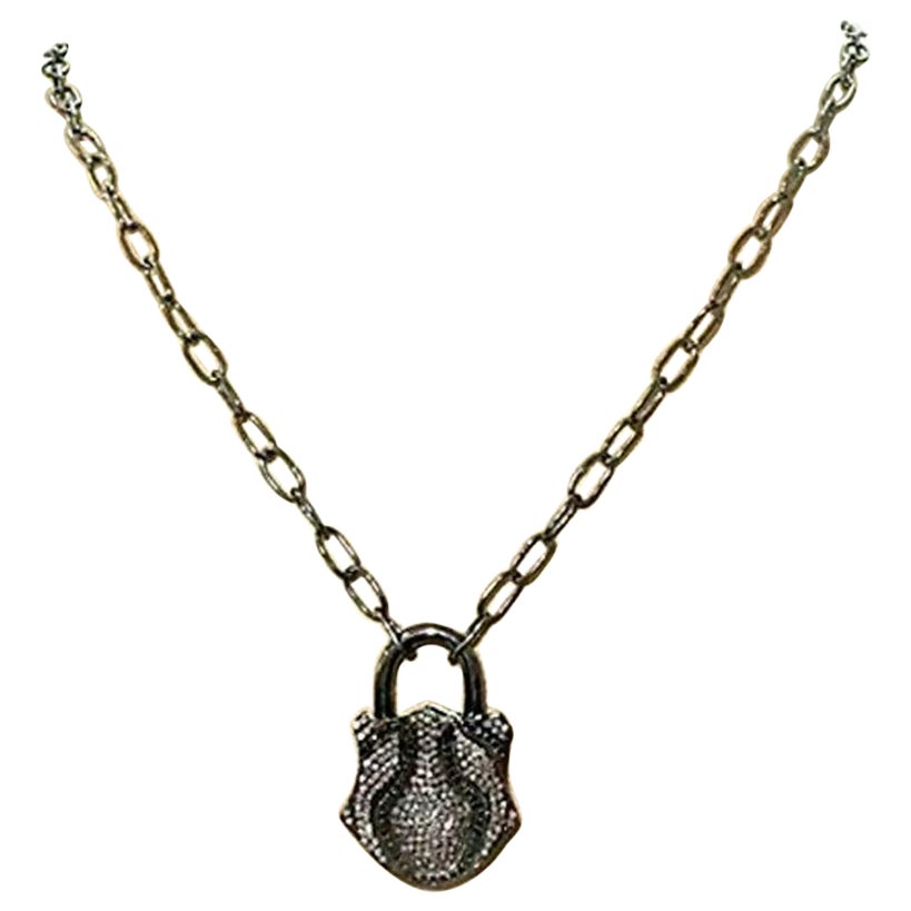 Natural Diamond Padlock Pendant Necklace in 925 Sterling Silver