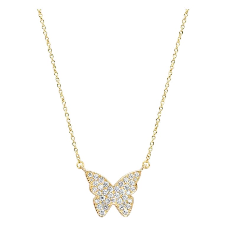 Diamant Schmetterling Anhänger Halskette in 14K Gelbgold Massiv