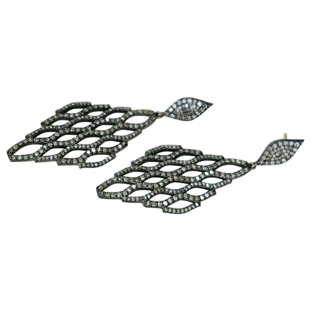 Pendiente de oro de 14 quilates con forma de rombo Diamante pavé Plata 925 Hecho a mano