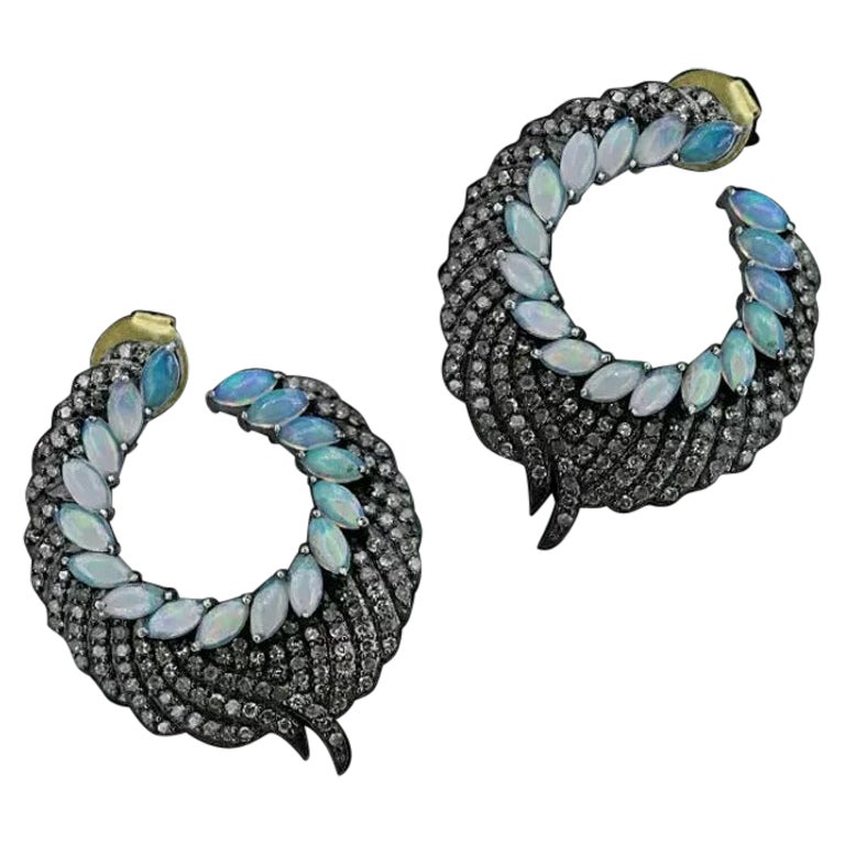 Opal Hoop Earring 925 Silver Diamond 14k Gold