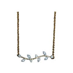 Diamond Twig Leaf Necklace and Earrings Set 14k Solid Gold Bar 18"