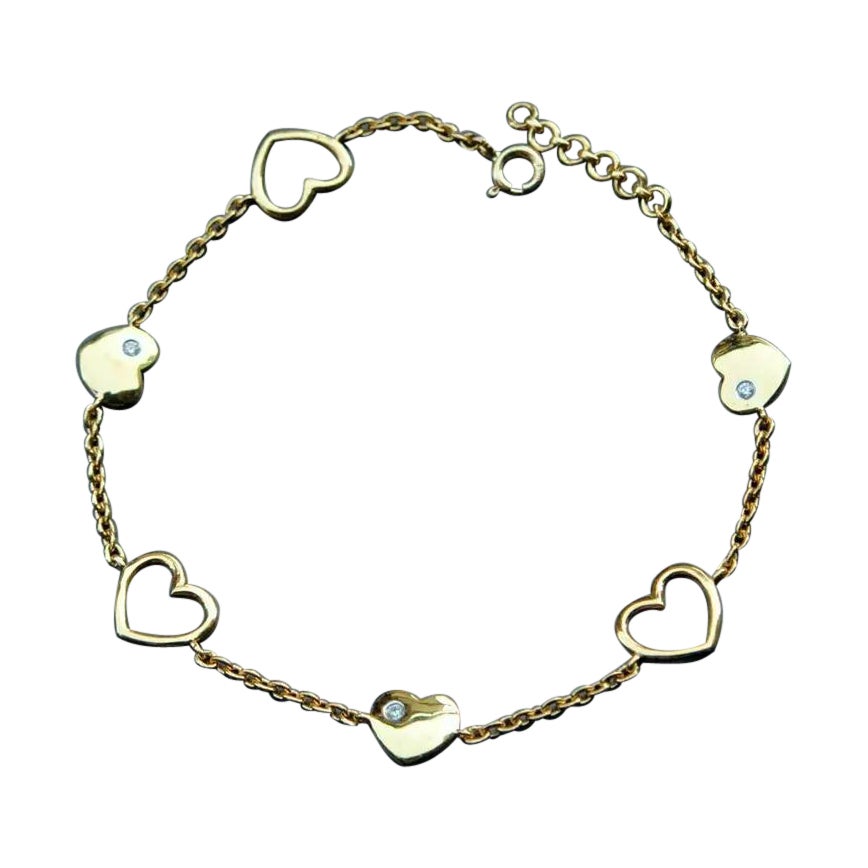 14k Solid Gold Heart Charm Diamond Flexible Chain Bracelet