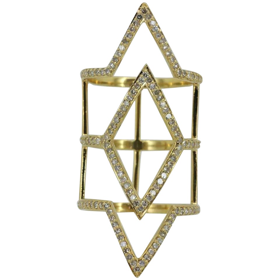 Rhombus Shape Pave Diamond Full Finger 14k Gold Long Ring