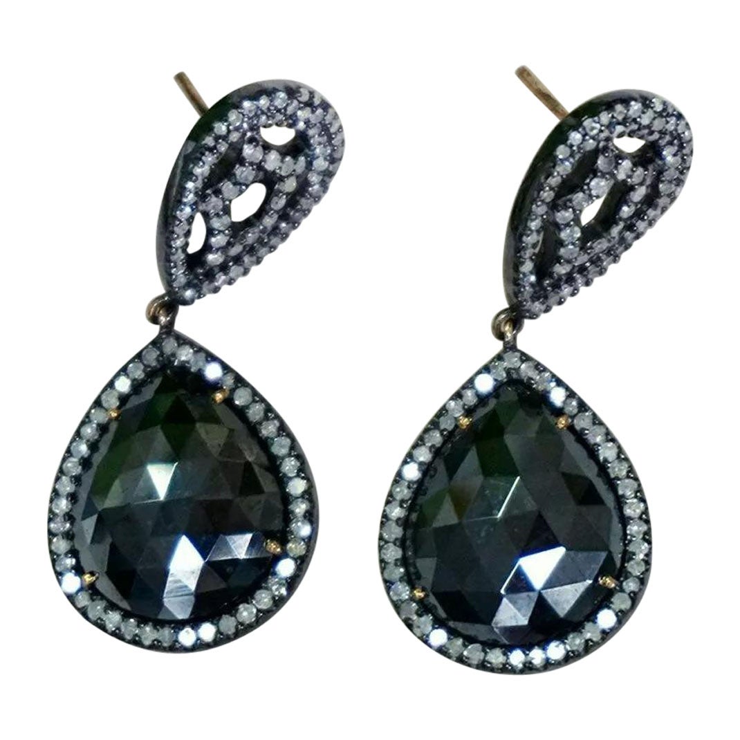 14k Gold Pave Diamond Black Spinel Dangle Earring 925 Silver Handmade