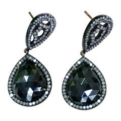 14k Gold Pave Diamond Black Spinel Dangle Earring 925 Silver Handmade