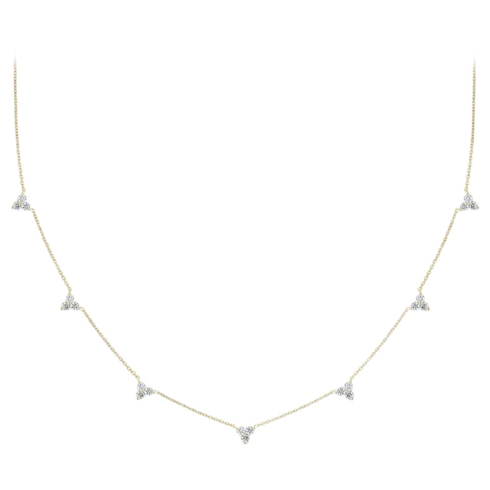 Three Stone Diamond Necklace 14k Solid Gold 7 Stations Necklace For Sale