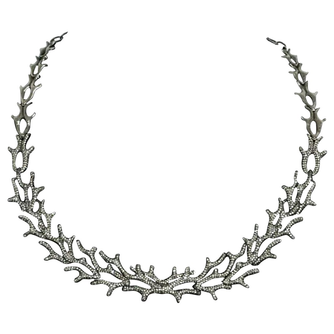 Natural Diamond Deer Antler Necklace 925 Sterling Silver For Sale