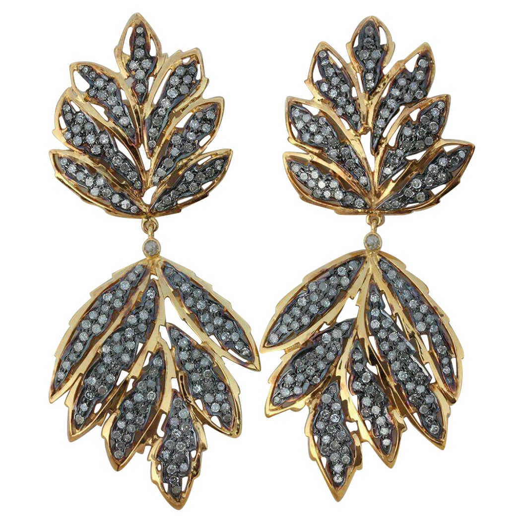 Leaf Dangle Earring Pave Diamond 14k Gold & 925 Silver