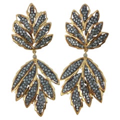 Leaf Dangle Earring Pave Diamond 14k Gold & 925 Silver
