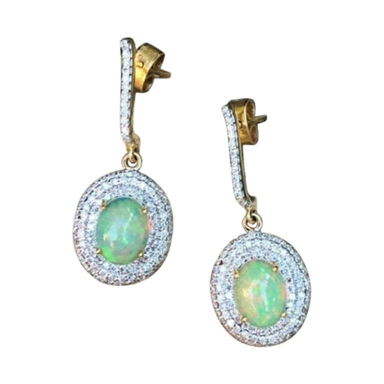 Ethiopian Opal Earring Pave Diamond 14k Gold