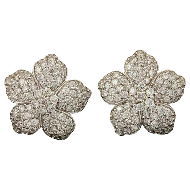 Pave Diamond Flower Stud Earring 14k White Gold Minimalist