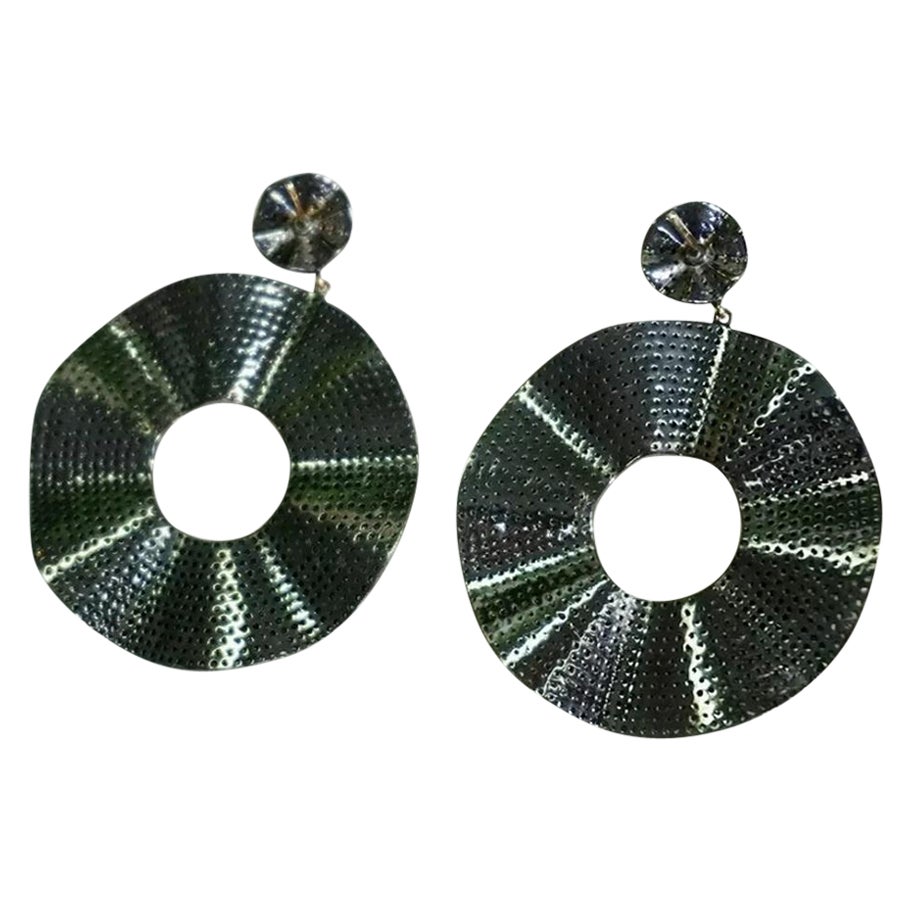 Pave Diamond Disc Dangle Earring 925 Silver 14k Gold Wave Design