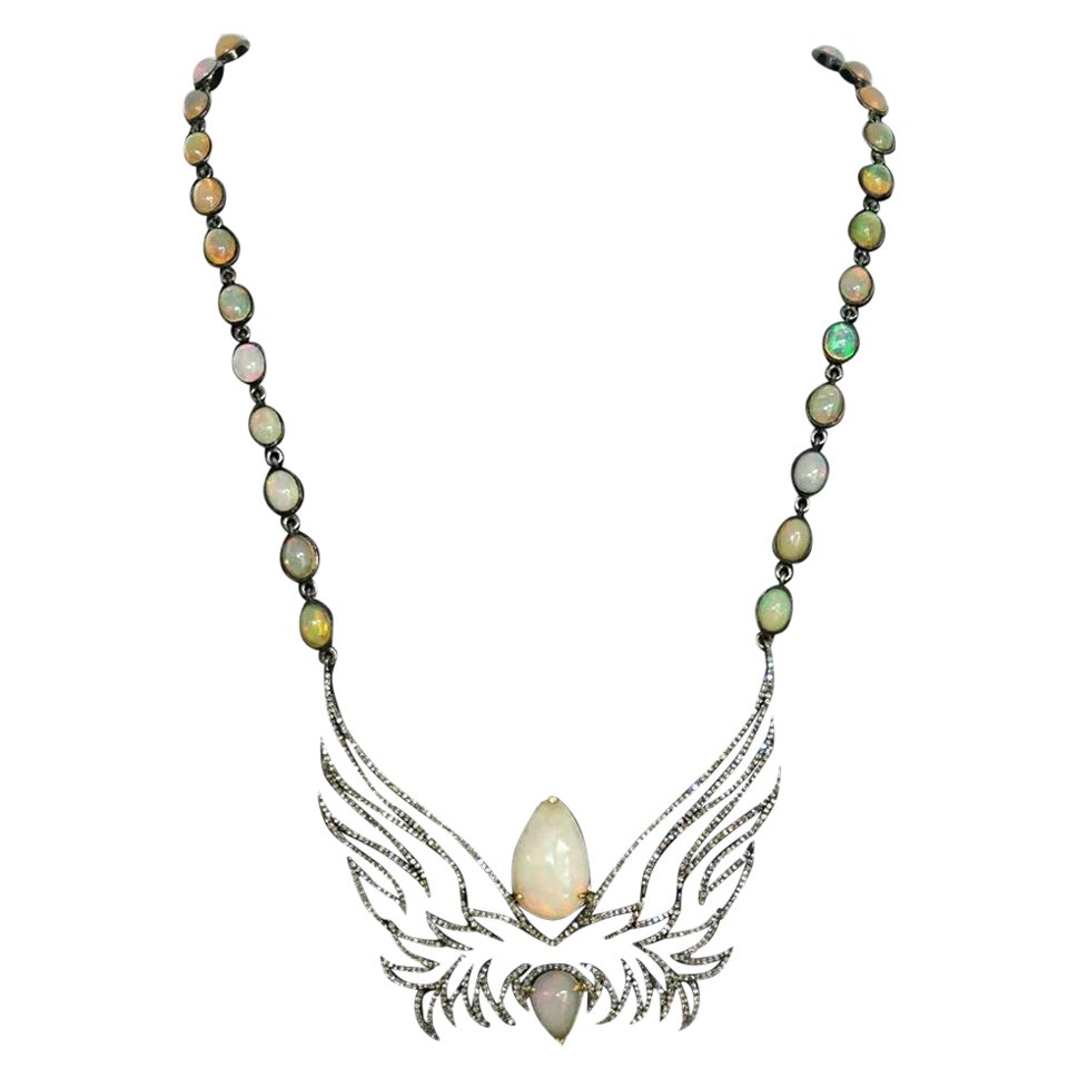 Pave Diamond Ethiopian Opal Angel Wing Pendant Necklace in 925 Silver 14k Gold