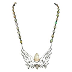 Pave Diamond Ethiopian Opal Angel Wing Pendant Necklace in 925 Silver 14k Gold