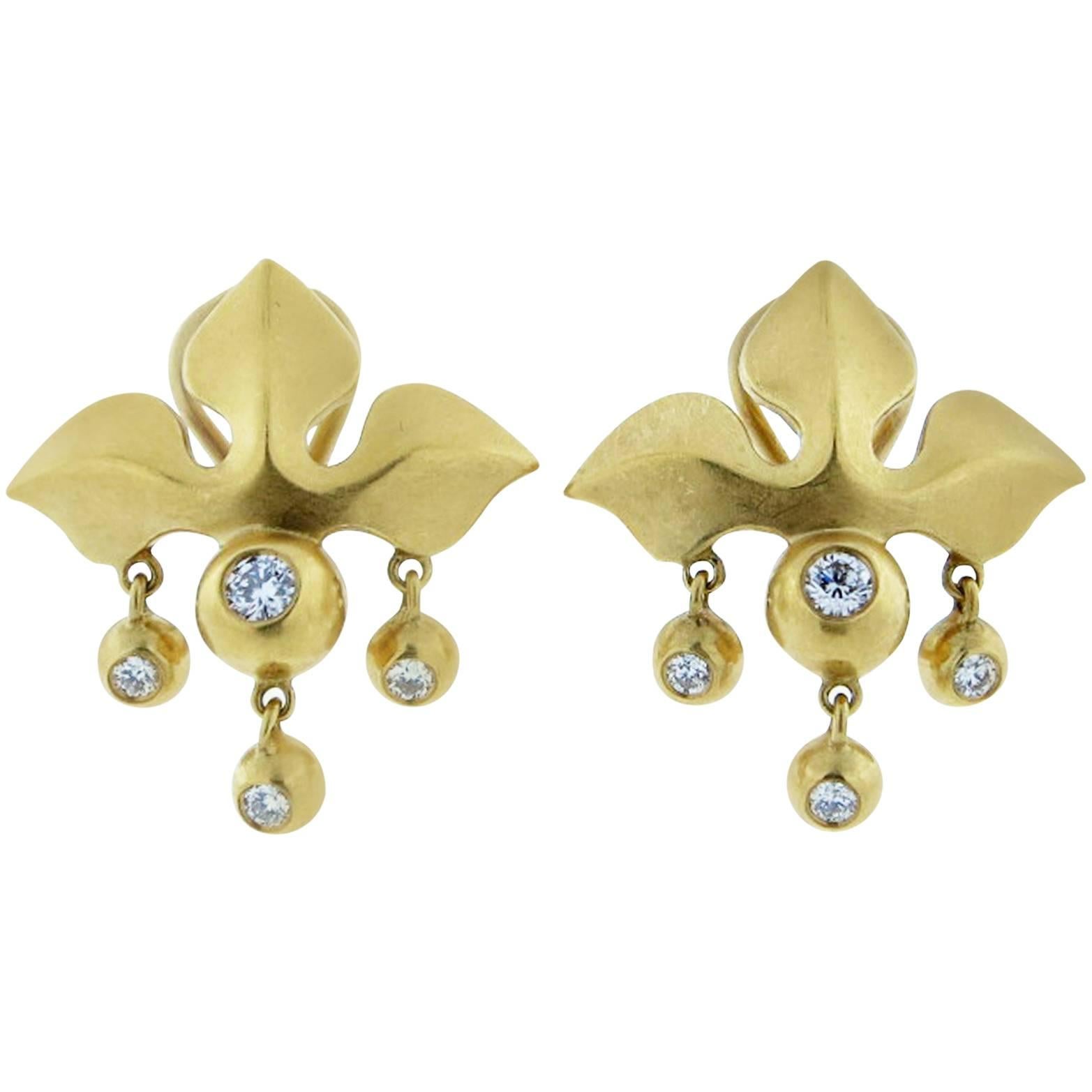 Elizabeth Rand Fleur-de-Lys Diamond Gold Matte Finish Earrings For Sale