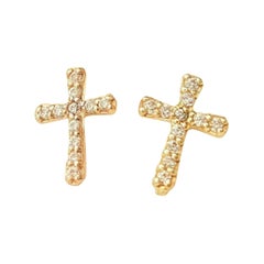 14K Solid Gold Cross Diamond Stud Earrings Protection Cross Gold Ear Piercings
