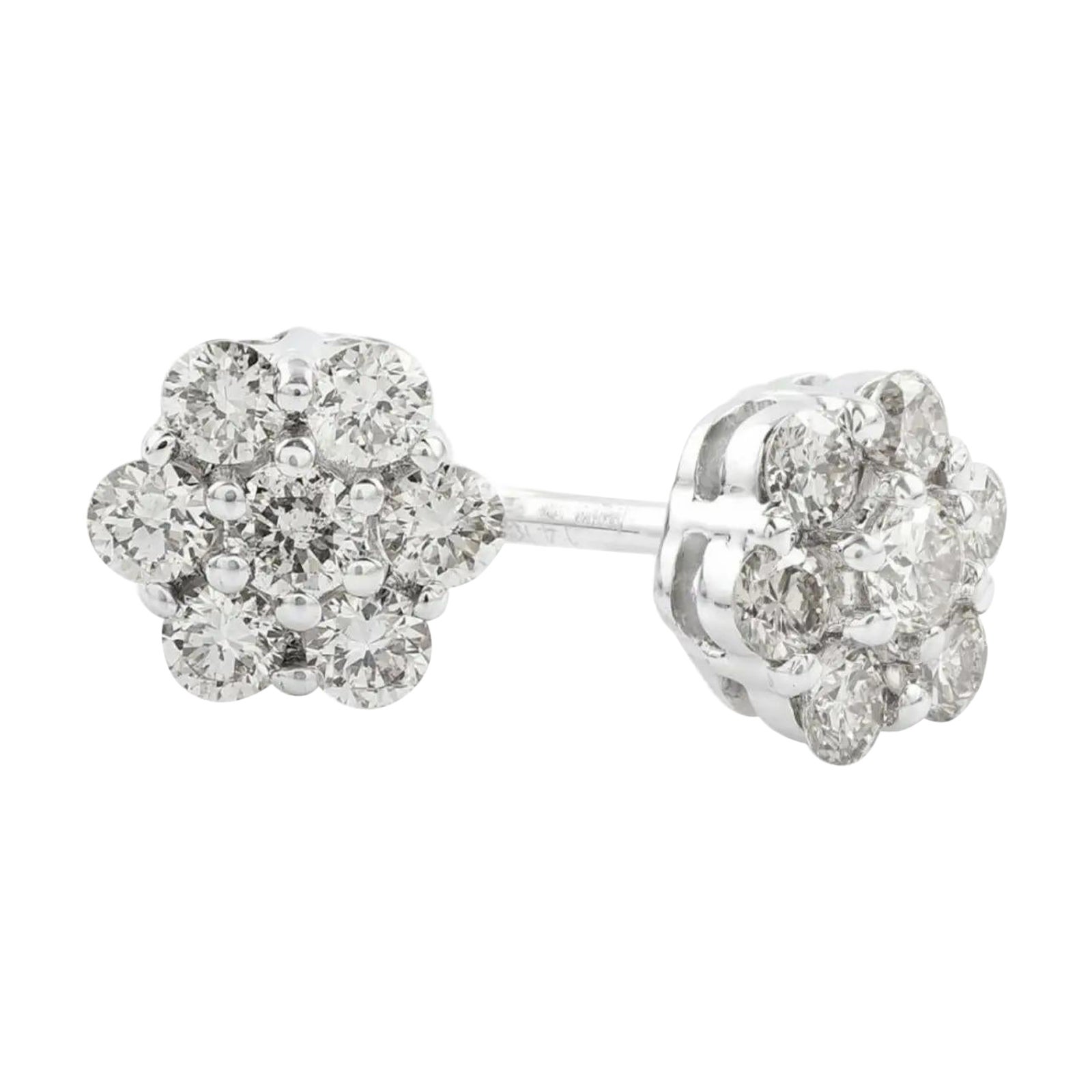 Diamond Flower Studs Cluster Earring in 14K Gold For Sale