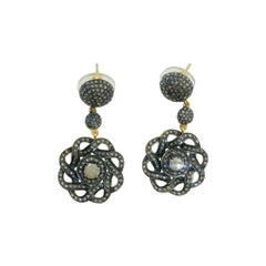 Pave Diamond Flower Drop Earring in 14k Gold & 925 Silver