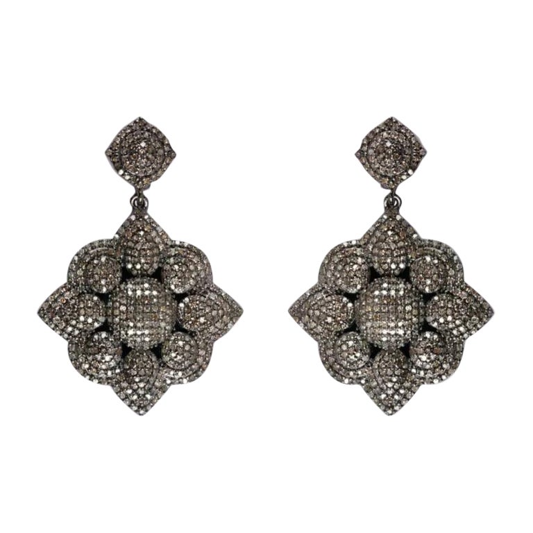 Flower Dangle Earring Pave Diamond 925 Silver Genuine Handmade