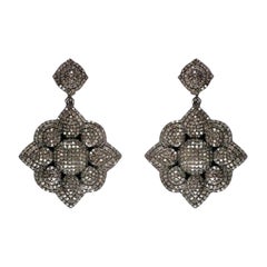 Flower Dangle Earring Pave Diamond 925 Silver Genuine Handmade