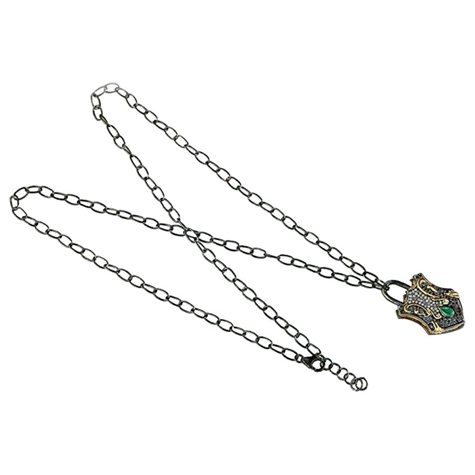 Natural Diamond Padlock Pendant Necklace Made of 925 Sterling Silver