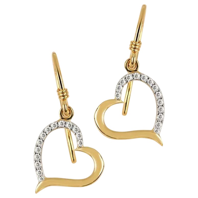 Genuine Diamond Heart Shaped Hook Earrings in Solid 14K Yellow Gold