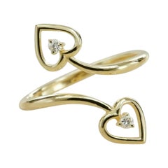 Double Heart 14k Solid Yellow Gold Diamond Band Ring