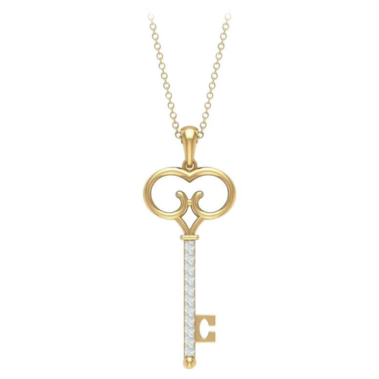 Diamond Vintage Key Pendant Necklace in 14k Solid Gold For Sale