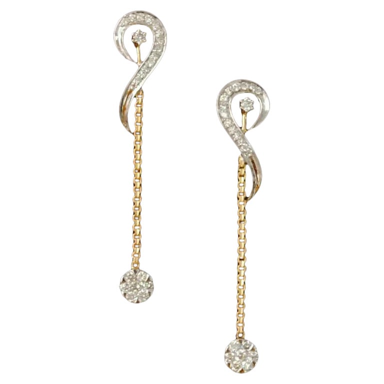 14k Solid Gold Dangling Diamond and Chain Earring Round Drop Stud