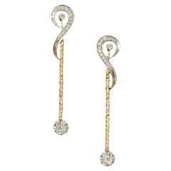14k Solid Gold Dangling Diamond and Chain Earring Round Drop Stud