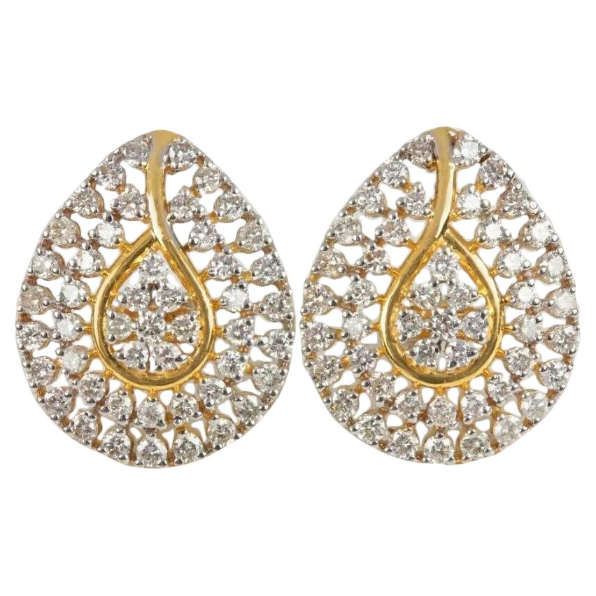 14K Solid Gold Pear Shape Floral Stud Diamond Earring