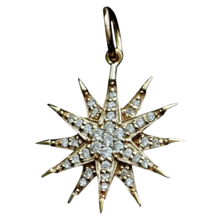 Genuine Diamond Starburst Pendant Necklace Unisex in 14k Yellow Gold