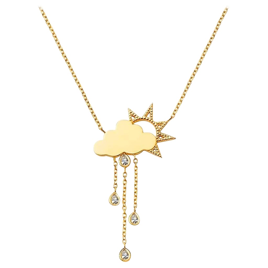 Rainy Day Cloud & Sun Pendant Necklace in 14K Solid Gold For Sale