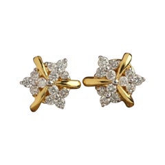 Floral Designer Stud Earring 14K Yellow Gold Genuine Diamond