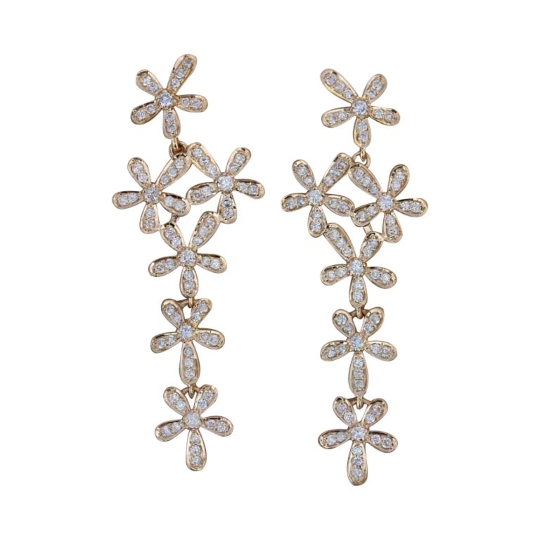 Natural Diamond Flower Dangle Earring 14K Yellow Gold