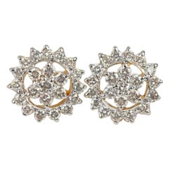 Certified Diamond Stud Earrings Floral 14K Solid Gold Handmade