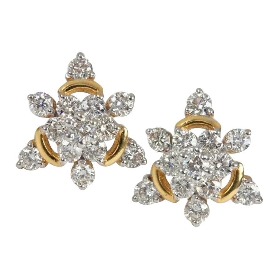 Triangle Shape Diamond Stud Earrings 14K Solid Gold Floral Handmade