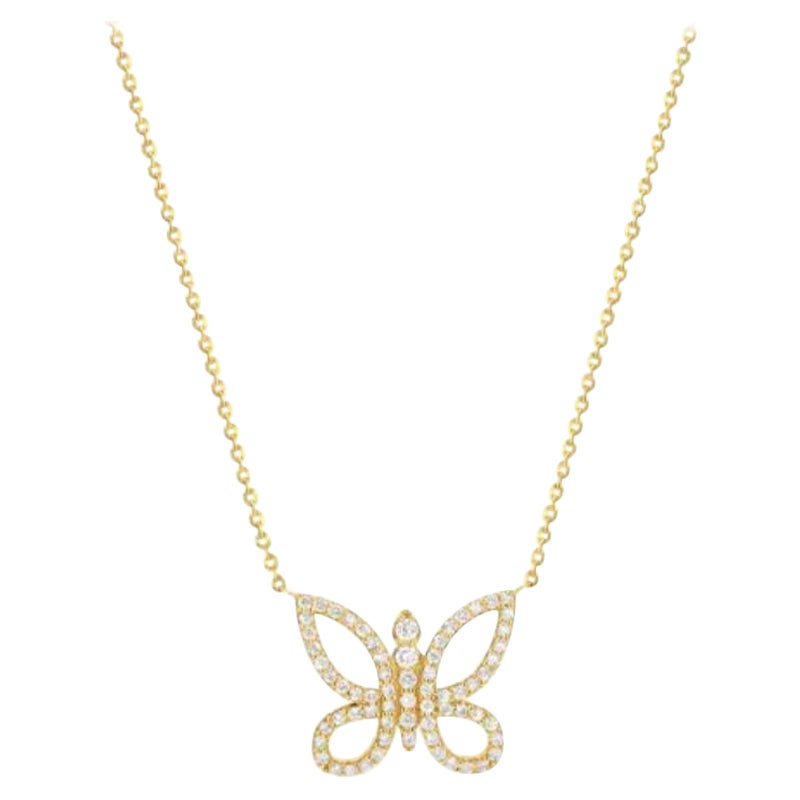 Diamond Butterfly Pendant Necklace in 14K Solid Gold 20" For Sale
