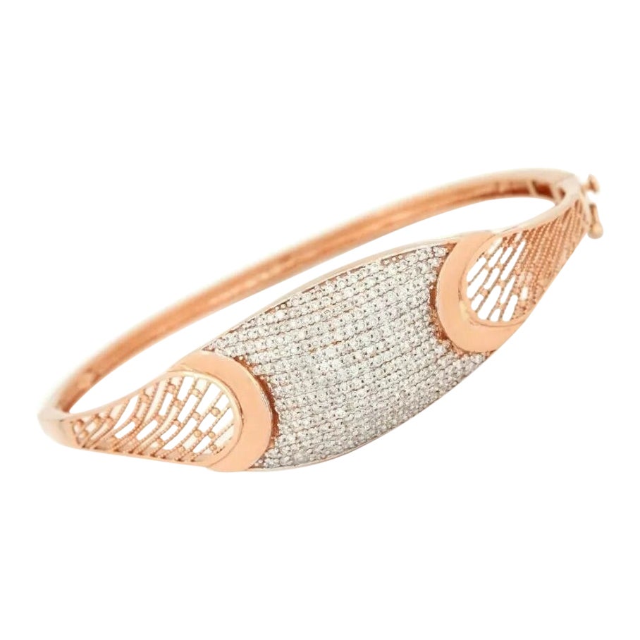 Natural Diamond Cage Design Bangle Bracelet 14K Solid Rose Gold Handmade For Sale