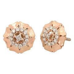 14K Rose Gold Floral Design Handmade Stud Earring Genuine Diamond