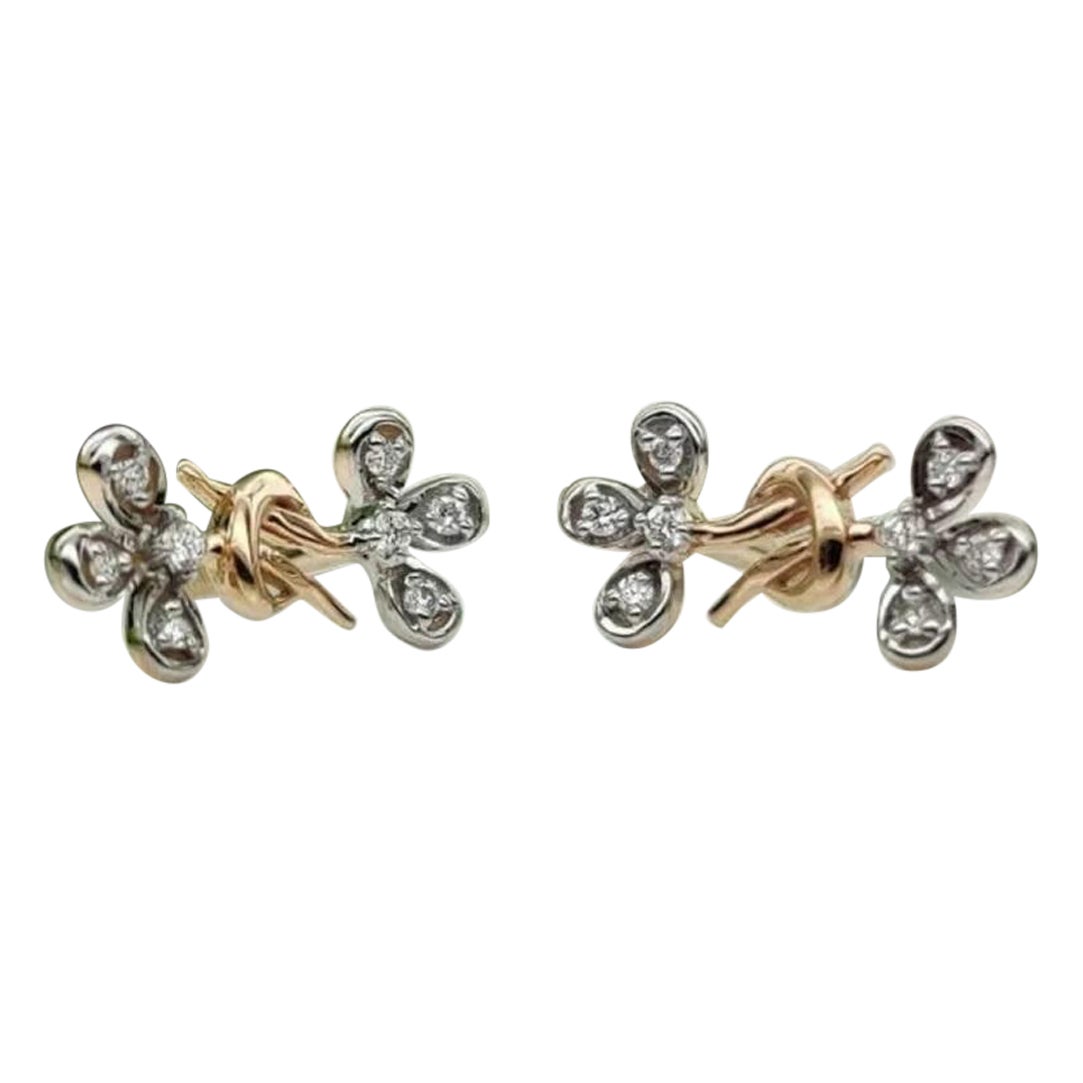 14k Solid Gold Floral Diamond Wedding Ear Stud Leaf Designer