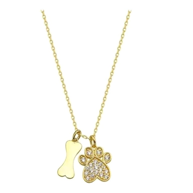 Diamond Dog Paw Bone Pendant Necklace in 14K Solid Yellow Gold 14" For Sale
