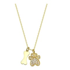 Diamond Dog Paw Bone Pendant Necklace in 14K Solid Yellow Gold 14"