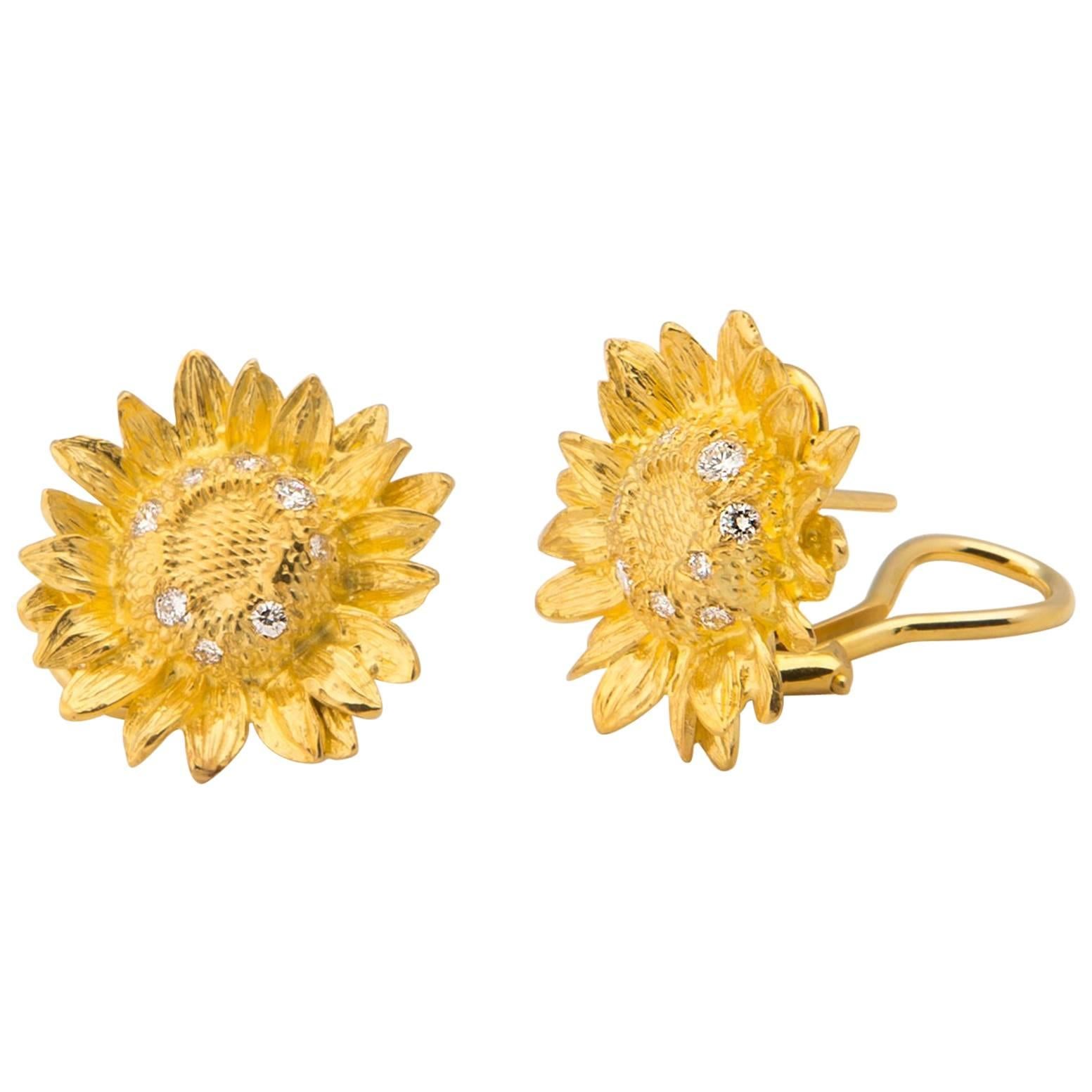 Asprey Diamond Gold Sun Flower Earrings