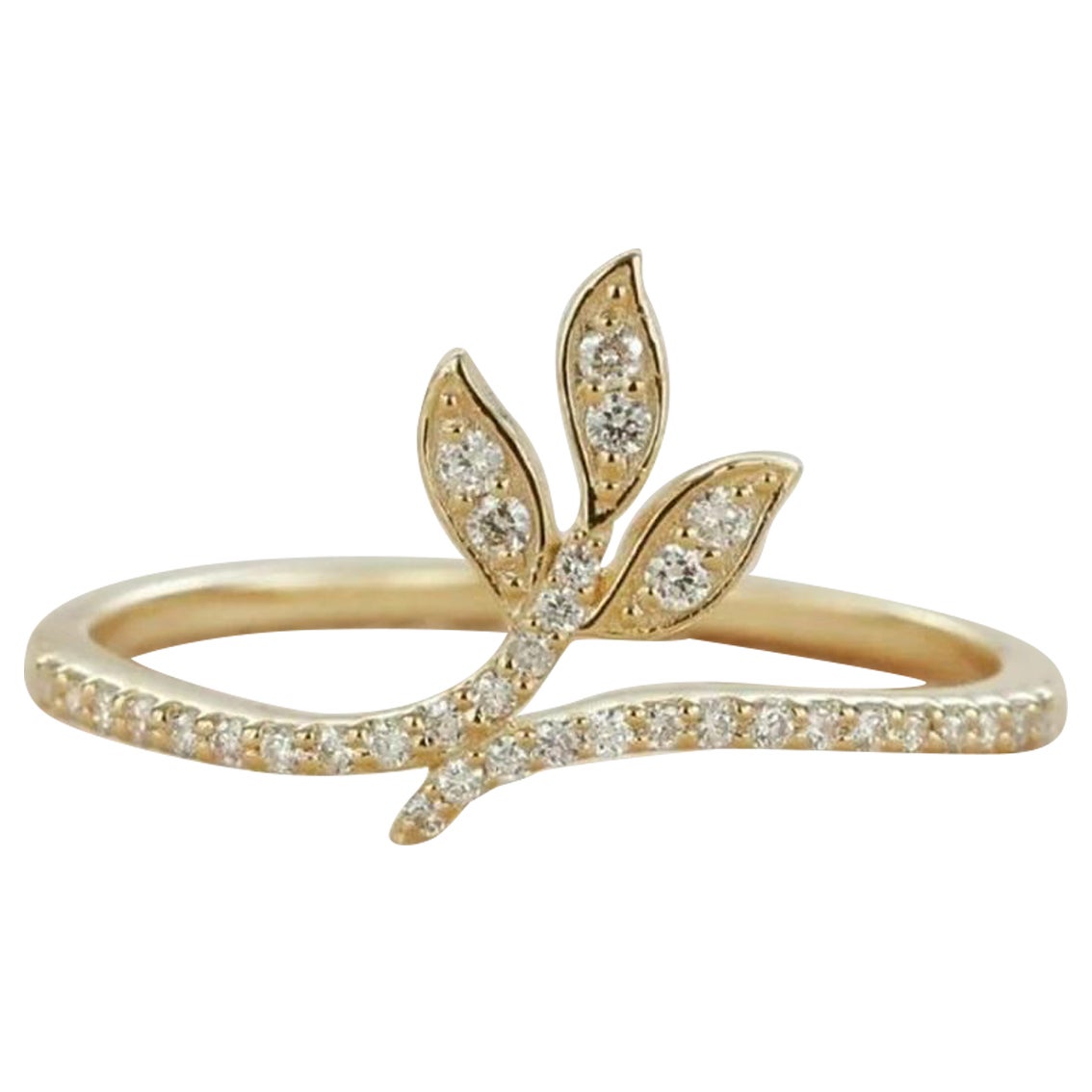 Natural Diamond Ring 14k Yellow Gold Fern Leaf Stacking Band