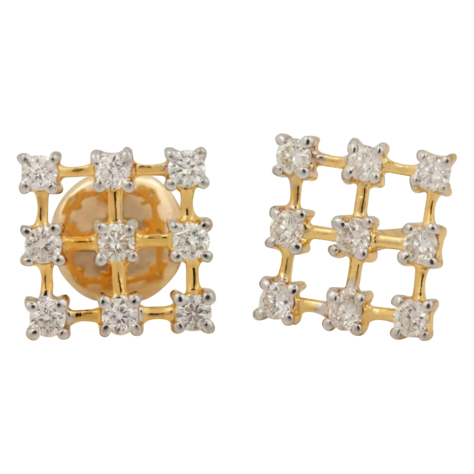 14K Yellow Gold Genuine Diamond Square Shape Stud Earring Handmade Fine Jewelry For Sale