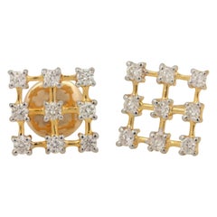 14K Yellow Gold Genuine Diamond Square Shape Stud Earring Handmade Fine Jewelry