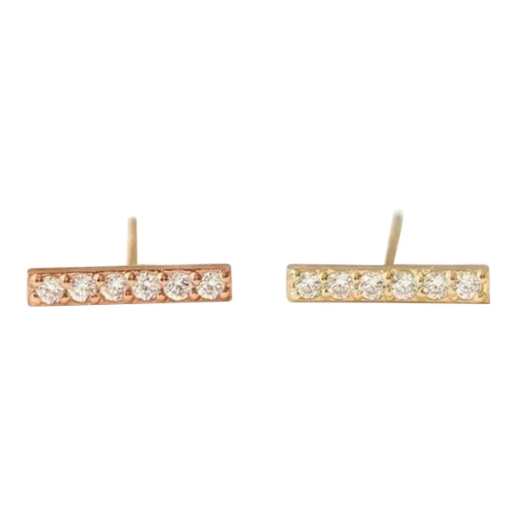 14K Solid Gold Diamond Bar Earrings Minimalist Bar Studs Gold
