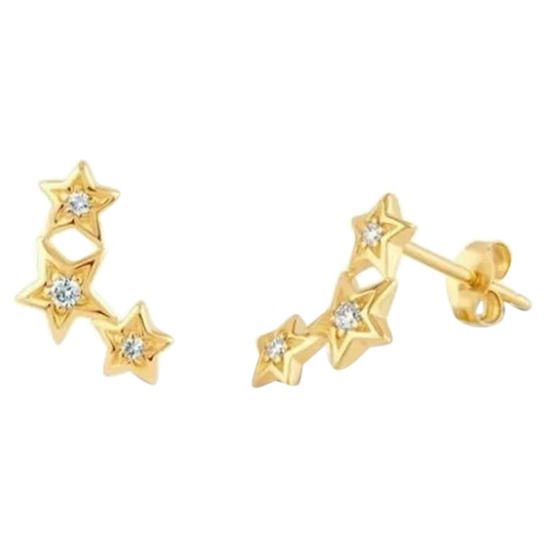 14K Yellow Gold Diamond Shooting Star Stud Earrings Three Stars Stud Earrings