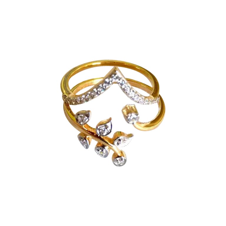 Chevron and Leaf Diamond Engagement Ring Enhancer Bands in 14k Solid Gold For Sale